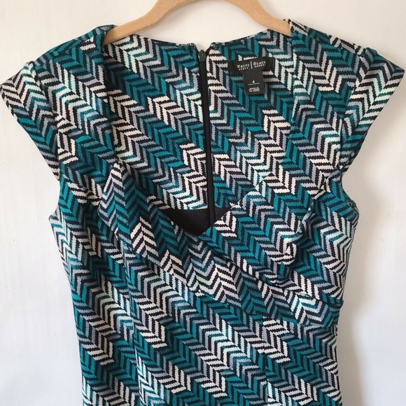 WHITE HOUSE BLACK MARKET Herringbone Dress Shift Sheath Chevron Teal Sz 4 EUC - Picture 5 of 10